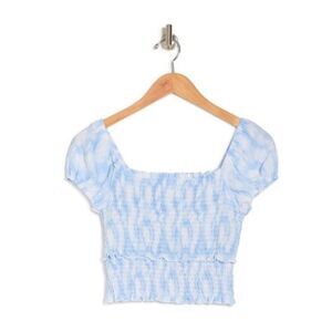 NWT LUSH Blue and White Swirl Smocked Short Sleeve Crop Top Size L